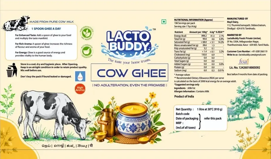 Full LactoBuddy Cow Ghee label with nutrition facts