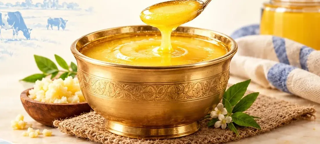 Golden LactoBuddy ghee poured from a spoon into a brass bowl
